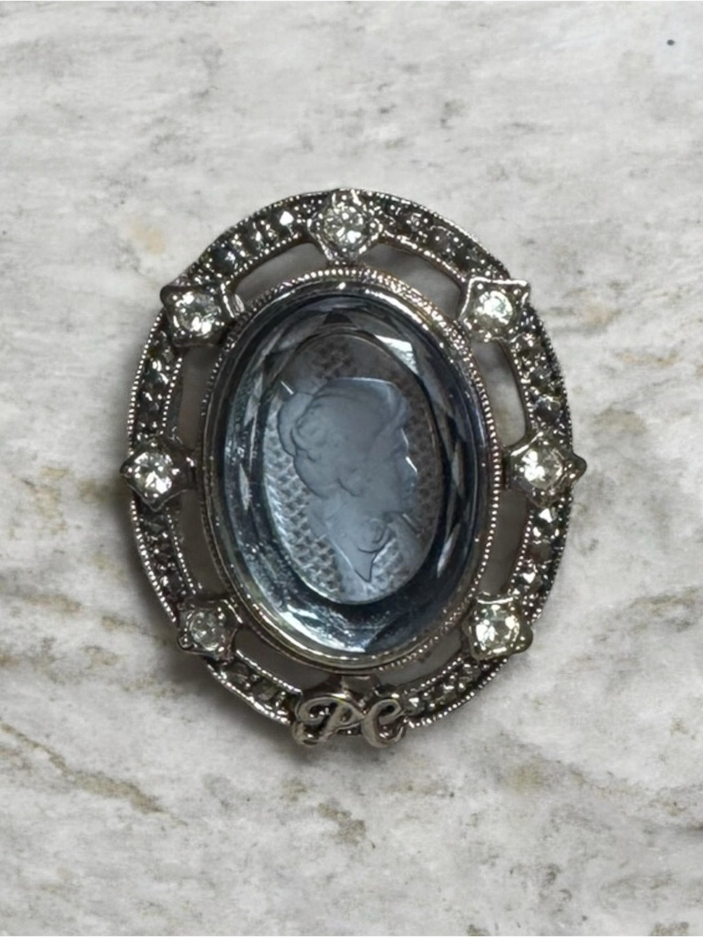 Silver-Tone Blue Glass Cameo Brooch with Crystal Accents Presidents Club Pin